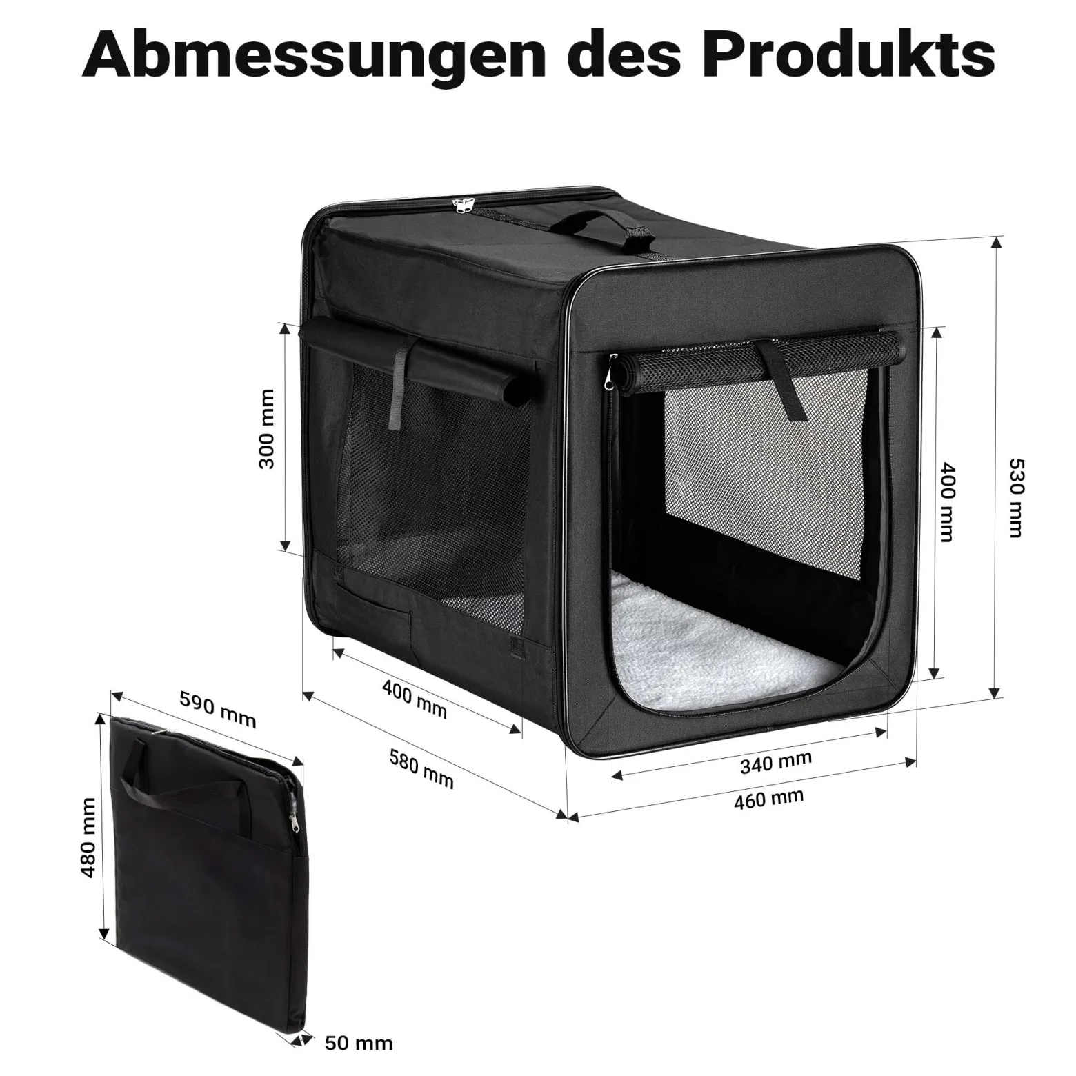 Wiltec Faltbare Transportbox für Hunde, Katzen M (58x46x53 cm), robust, leicht, sicher, Hundebox mit entnehmbarem Kissen, Schwarz