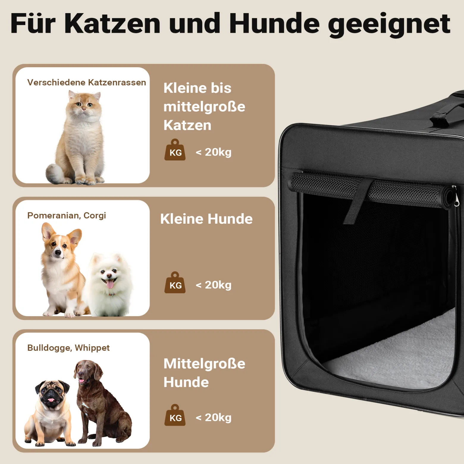 Wiltec Faltbare Transportbox für Hunde, Katzen XL (94x66x74cm), robust, leicht, sicher, Hundebox mit entnehmbarem Kissen, Schwarz