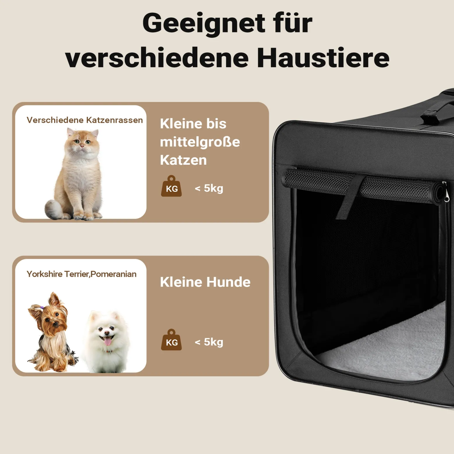 Wiltec Faltbare Transportbox für Hunde, Katzen S (42x36x41 cm), robust, leicht, sicher, Hundebox mit entnehmbarem Kissen, Schwarz