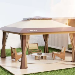 Wiltec Faltpavillon Moskitonetz 4 x 4 m beige, Gartenpavillon mit Rädern und Mückennetz, Partyzelt mit