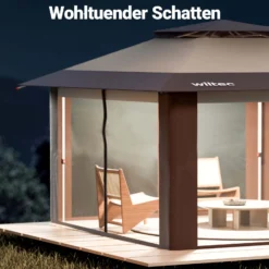 Wiltec Faltpavillon Moskitonetz 4 x 4 m beige, Gartenpavillon mit Rädern und Mückennetz, Partyzelt mit