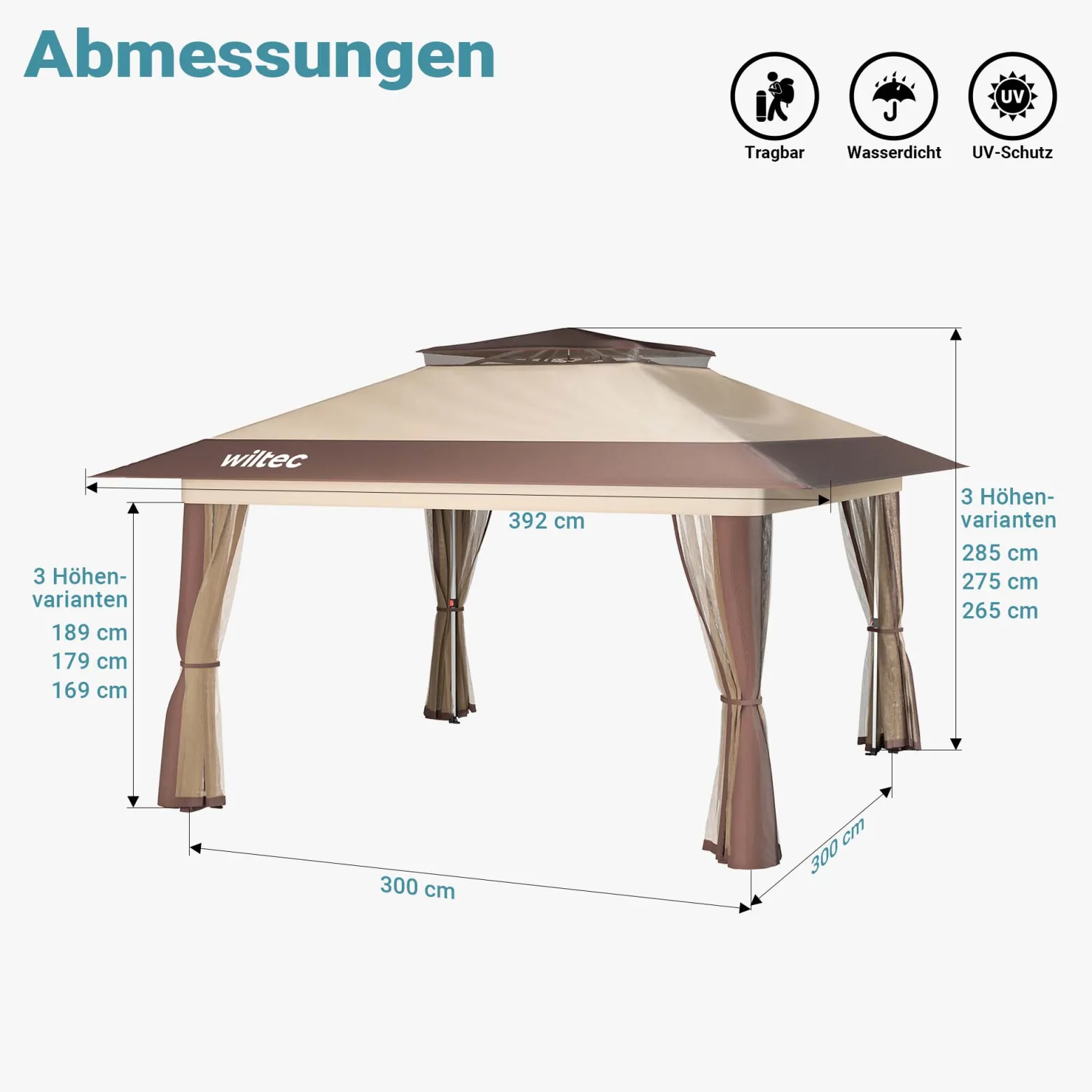 Wiltec Faltpavillon Moskitonetz 4 x 4 m beige, Gartenpavillon mit Rädern und Mückennetz, Partyzelt mit "One Push"-Technik und verstellbaren Beinen