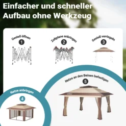 Wiltec Faltpavillon Moskitonetz 4 x 4 m beige, Gartenpavillon mit Rädern und Mückennetz, Partyzelt mit