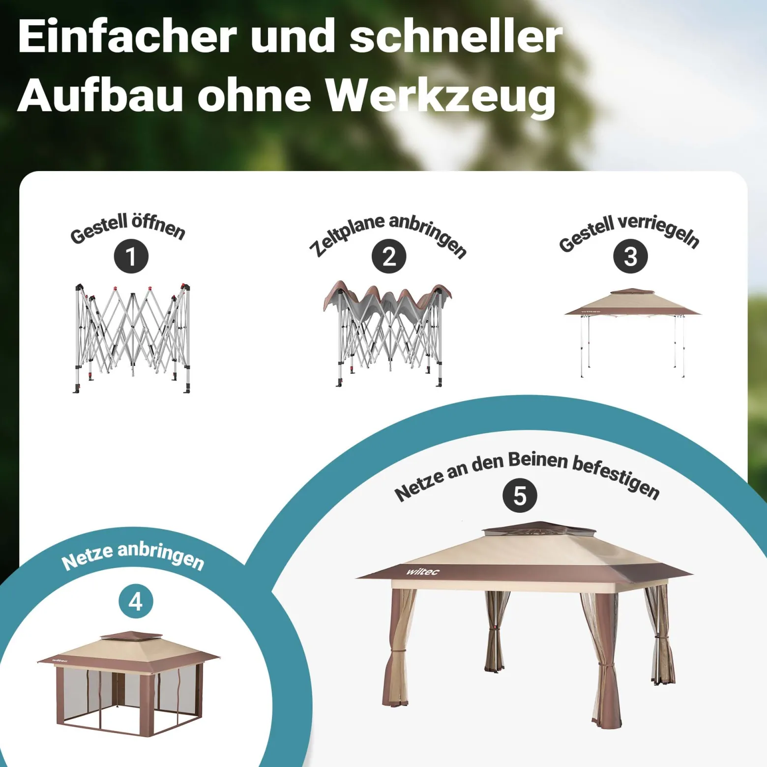 Wiltec Faltpavillon Moskitonetz 4 x 4 m beige, Gartenpavillon mit Rädern und Mückennetz, Partyzelt mit "One Push"-Technik und verstellbaren Beinen