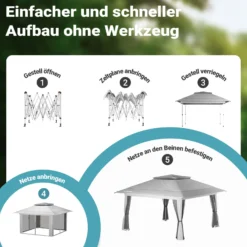 Wiltec Faltpavillon Moskitonetz 4 x 4 m hellgrau, Gartenpavillon mit Rädern und Mückennetz, Partyzelt mit 