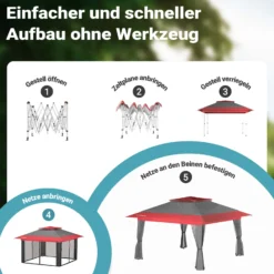 Wiltec Faltpavillon Moskitonetz 3,92 x 3,92 m grau rot, Gartenpavillon mit Rädern und Mückennetz, Partyzelt mit "One Push"-Technik und verstellbaren Beinen