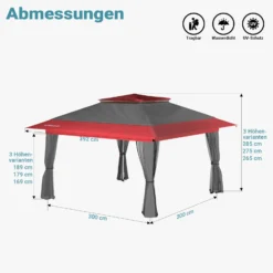 Wiltec Faltpavillon Moskitonetz 3,92 x 3,92 m grau rot, Gartenpavillon mit Rädern und Mückennetz, Partyzelt mit 