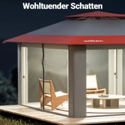 Wiltec Faltpavillon Moskitonetz 3,92 x 3,92 m grau rot, Gartenpavillon mit Rädern und Mückennetz, Partyzelt mit 