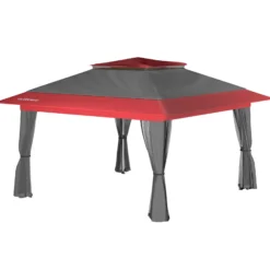 Wiltec Faltpavillon Moskitonetz 3,92 x 3,92 m grau rot, Gartenpavillon mit Rädern und Mückennetz, Partyzelt mit 