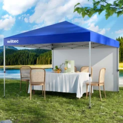 Wiltec Faltpavillon 3 x 3 m blau mit Rädern, Faltpavillon mit „One Push“-Technologie, Gartenpavillon mit UV-Schutz 50+, Pavillon für Camping