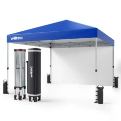 Wiltec Faltpavillon 3 x 3 m blau mit Rädern, Faltpavillon mit „One Push“-Technologie, Gartenpavillon mit UV-Schutz 50+, Pavillon für Camping