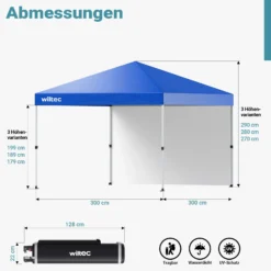 Wiltec Faltpavillon 3 x 3 m blau mit Rädern, Faltpavillon mit „One Push“-Technologie, Gartenpavillon mit UV-Schutz 50+, Pavillon für Camping