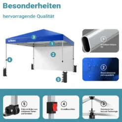 Wiltec Faltpavillon 3 x 3 m blau mit Rädern, Faltpavillon mit „One Push“-Technologie, Gartenpavillon mit UV-Schutz 50+, Pavillon für Camping
