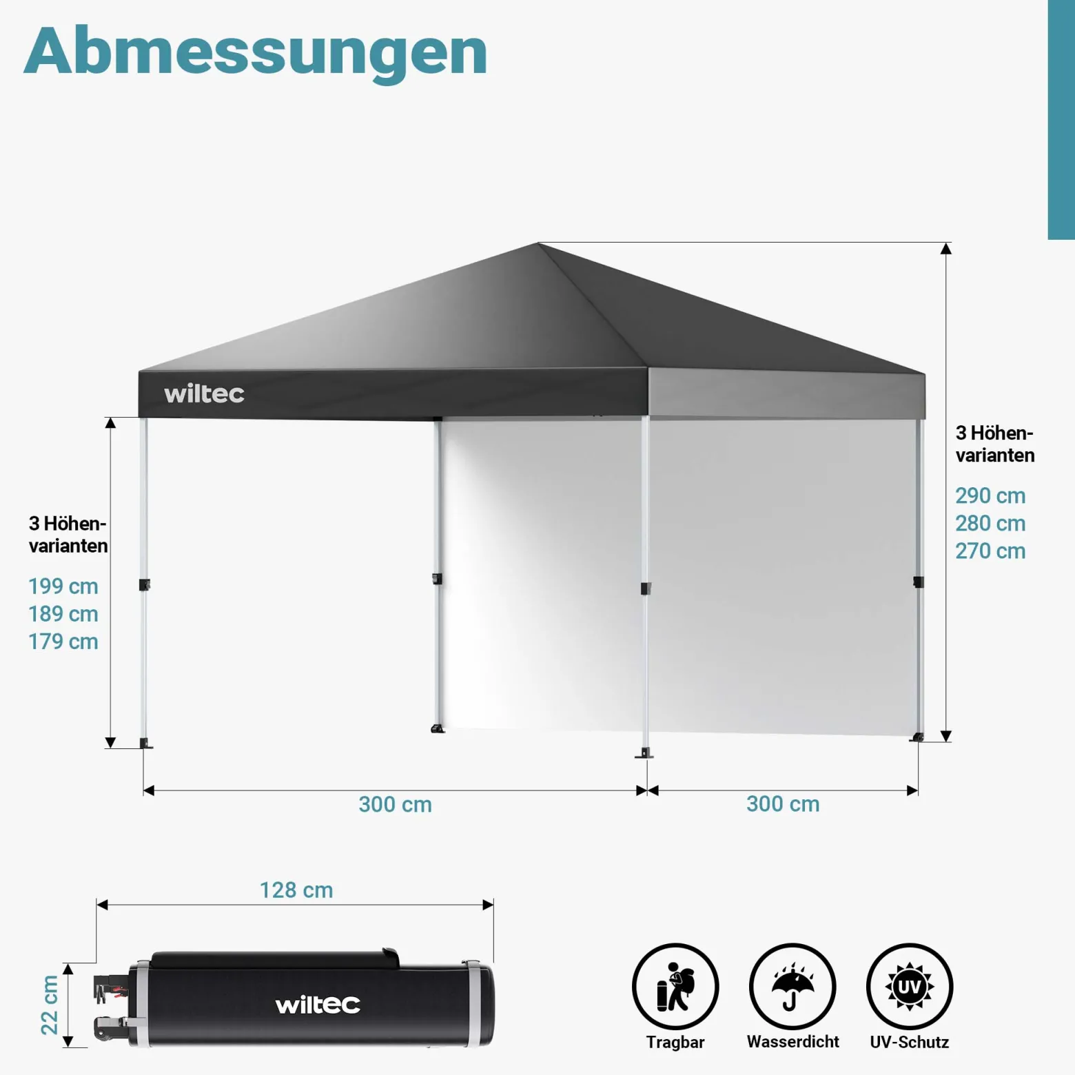 Wiltec Faltpavillon 3 x 3 m grau mit Rädern, Faltpavillon mit „One Push“-Technologie, Gartenpavillon mit UV-Schutz 50+, Pavillon für Camping