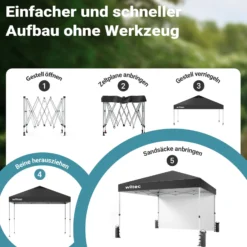 Wiltec Faltpavillon 3 x 3 m grau mit Rädern, Faltpavillon mit „One Push“-Technologie, Gartenpavillon mit UV-Schutz 50+, Pavillon für Camping
