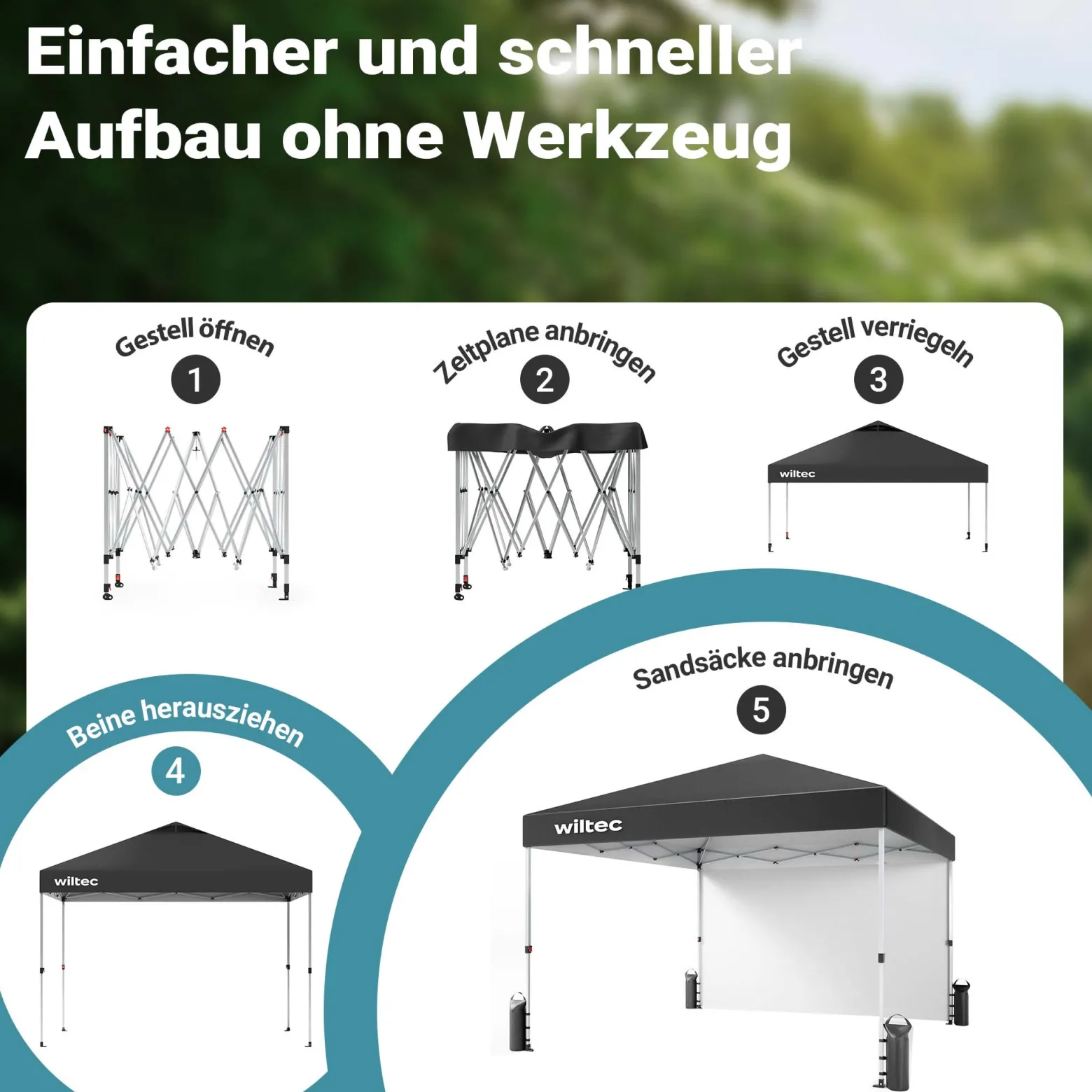 Wiltec Faltpavillon 3 x 3 m grau mit Rädern, Faltpavillon mit „One Push“-Technologie, Gartenpavillon mit UV-Schutz 50+, Pavillon für Camping