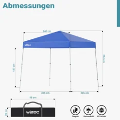 Wiltec Faltpavillon 250 x 250 x 270 cm blau wasserdicht, Pavillon mit Zentralverschluss, Gartenpavillon mit verstellbaren Beinen, Partyzelt für Festival