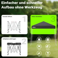 Wiltec Faltpavillon 250 x 250 x 270 cm grau wasserdicht, Pavillon mit Zentralverschluss, Gartenpavillon mit verstellbaren Beinen, Partyzelt für Festival