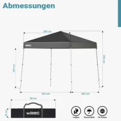Wiltec Faltpavillon 250 x 250 x 270 cm grau wasserdicht, Pavillon mit Zentralverschluss, Gartenpavillon mit verstellbaren Beinen, Partyzelt für Festival