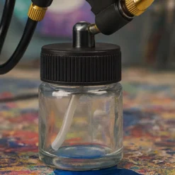 Wiltec Farbbecher für Airbrushpistole, 36 x 36 x 64 mm, Farbbehälter Glas mit Deckel 22 cm³, Saugsystem, Variante 3, Airbrush Ersatzteil