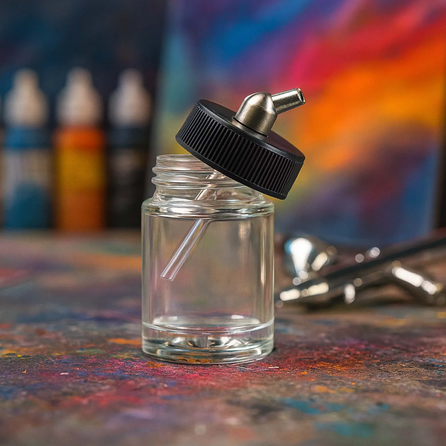 Wiltec Farbbecher für Airbrushpistole, 36 x 36 x 64 mm, Farbbehälter Glas mit Deckel 22 cm³, Saugsystem, Variante 3, Airbrush Ersatzteil