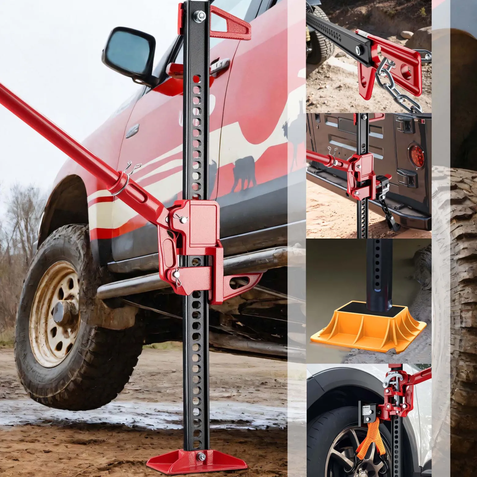 Wiltec Farm Jack – Allround-Set für SUV/Offroad, Wagenheber bis 3000 kg mit Stützplatte, Radhebe-Adapter, Stoßstangen-Adapter, Winden- & Klemmbefestigung