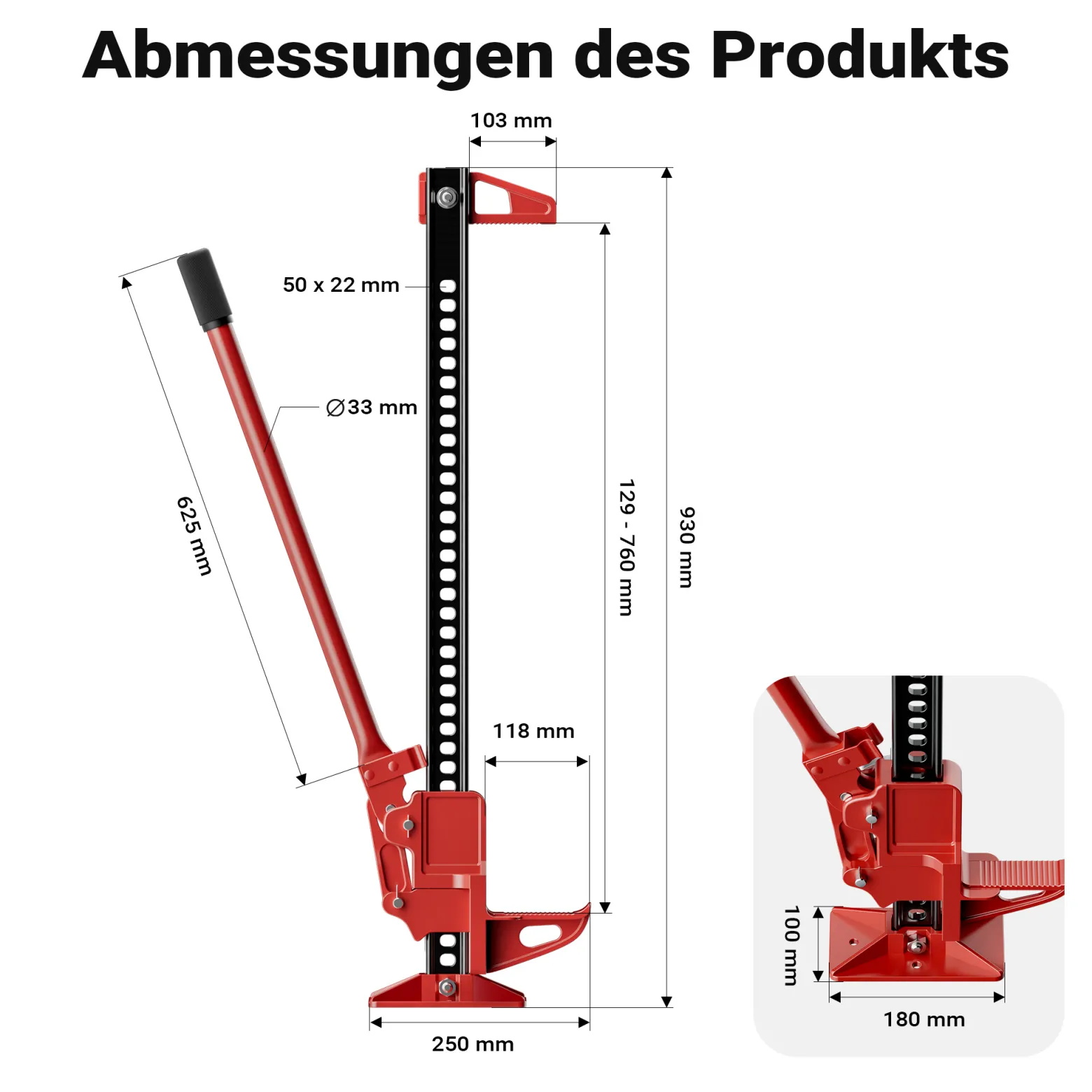 Wiltec Farm Jack – Kompakt-Set Basis, Wagenheber bis 3000 kg und max. 76 cm Hubhöhe mit obere Klemme