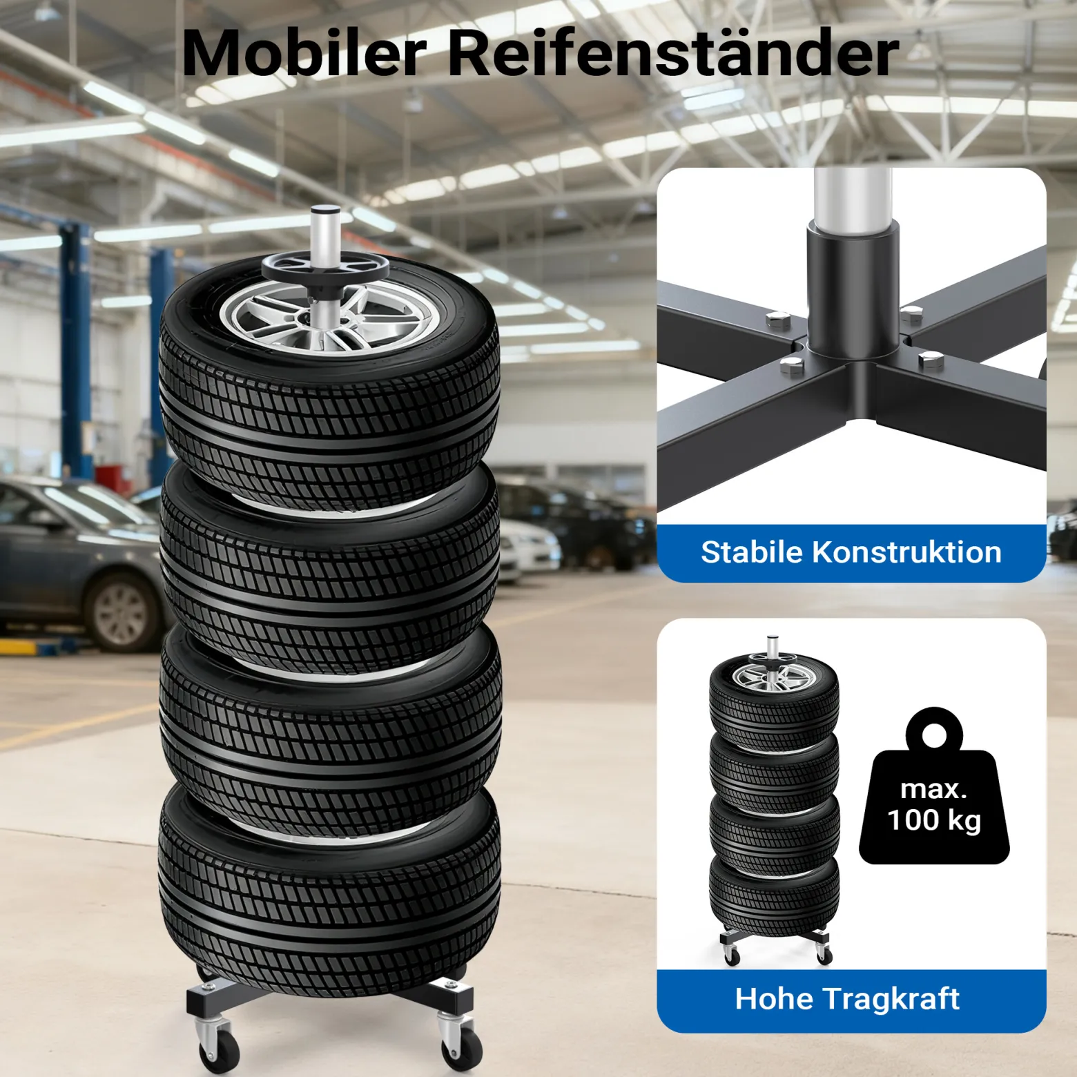 Wiltec Felgenbaum Fahrbar Reifenständer Reifenbaum Felgenständer Reifenwagen bis 225 mm Reifen