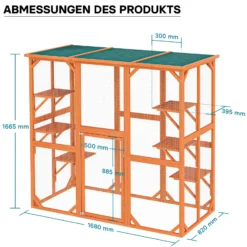 Wiltec Freilaufgehege Katzen 168 x 82 x 166,5 cm mit 6 Liegeflächen, wetterfestes Katzengehege Garten, Katzenhaus mit Drahtgitter und Bitumen Dach