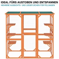 Wiltec Freilaufgehege Katzen 168 x 82 x 166,5 cm mit 6 Liegeflächen, wetterfestes Katzengehege Garten, Katzenhaus mit Drahtgitter und Bitumen Dach