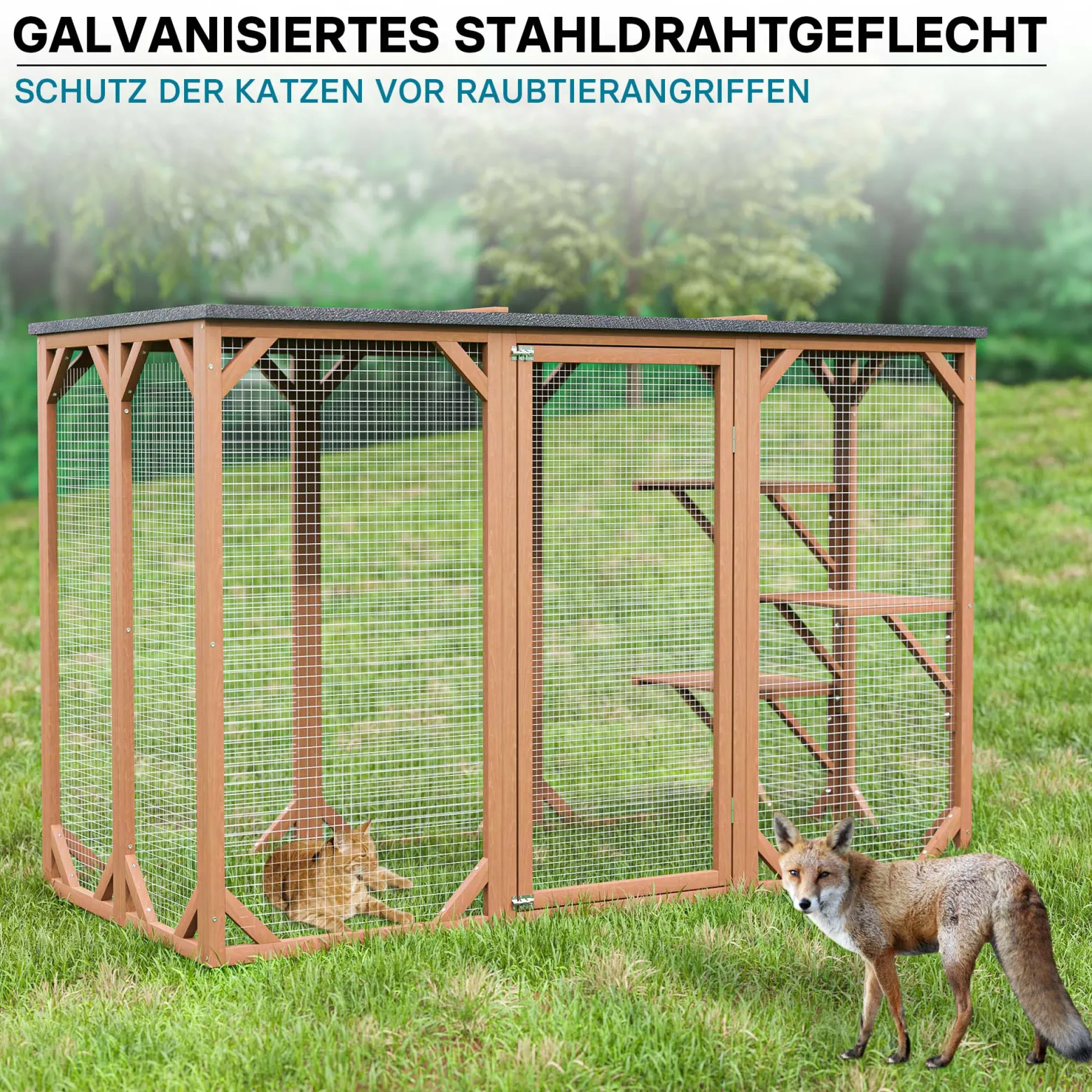 Wiltec Freilaufgehege Katzen 180 x 80 x 111,8 cm mit 3 Liegeflächen, wetterfestes Katzengehege Garten, Katzenhaus mit Drahtgitter und Bitumen Dach
