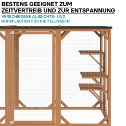 Wiltec Freilaufgehege Katzen 180 x 80 x 111,8 cm mit 3 Liegeflächen, wetterfestes Katzengehege Garten, Katzenhaus mit Drahtgitter und Bitumen Dach