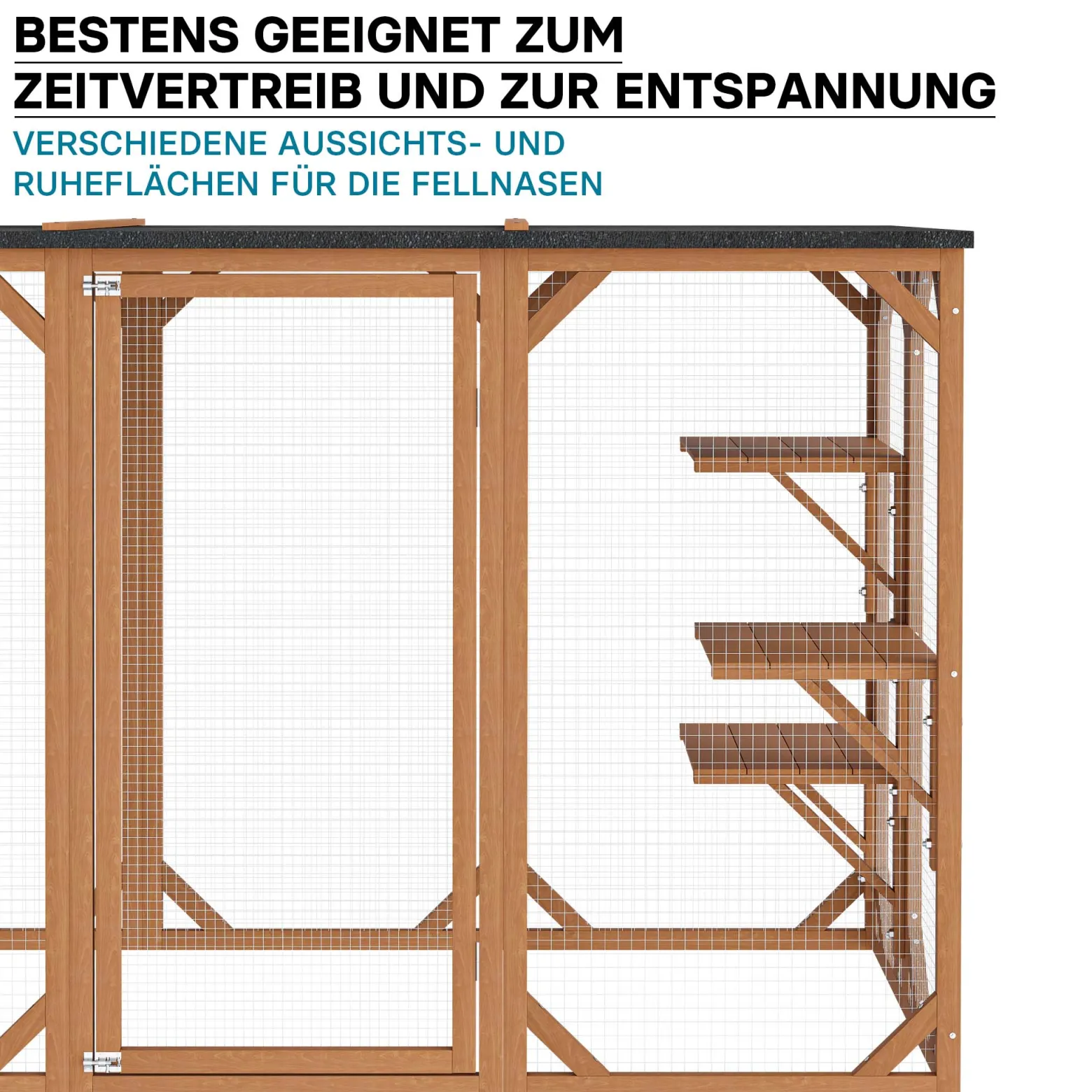 Wiltec Freilaufgehege Katzen 180 x 80 x 111,8 cm mit 3 Liegeflächen, wetterfestes Katzengehege Garten, Katzenhaus mit Drahtgitter und Bitumen Dach