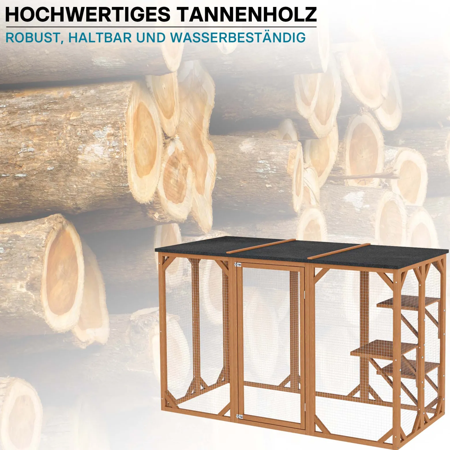 Wiltec Freilaufgehege Katzen 180 x 80 x 111,8 cm mit 3 Liegeflächen, wetterfestes Katzengehege Garten, Katzenhaus mit Drahtgitter und Bitumen Dach