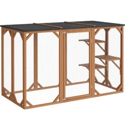 Wiltec Freilaufgehege Katzen 180 x 80 x 111,8 cm mit 3 Liegeflächen, wetterfestes Katzengehege Garten, Katzenhaus mit Drahtgitter und Bitumen Dach