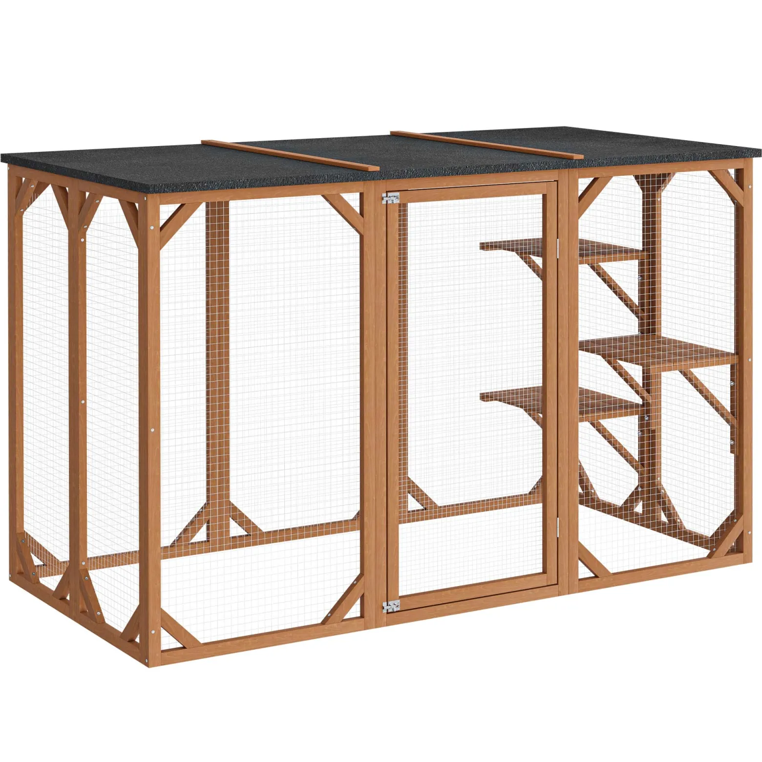 Wiltec Freilaufgehege Katzen 180 x 80 x 111,8 cm mit 3 Liegeflächen, wetterfestes Katzengehege Garten, Katzenhaus mit Drahtgitter und Bitumen Dach