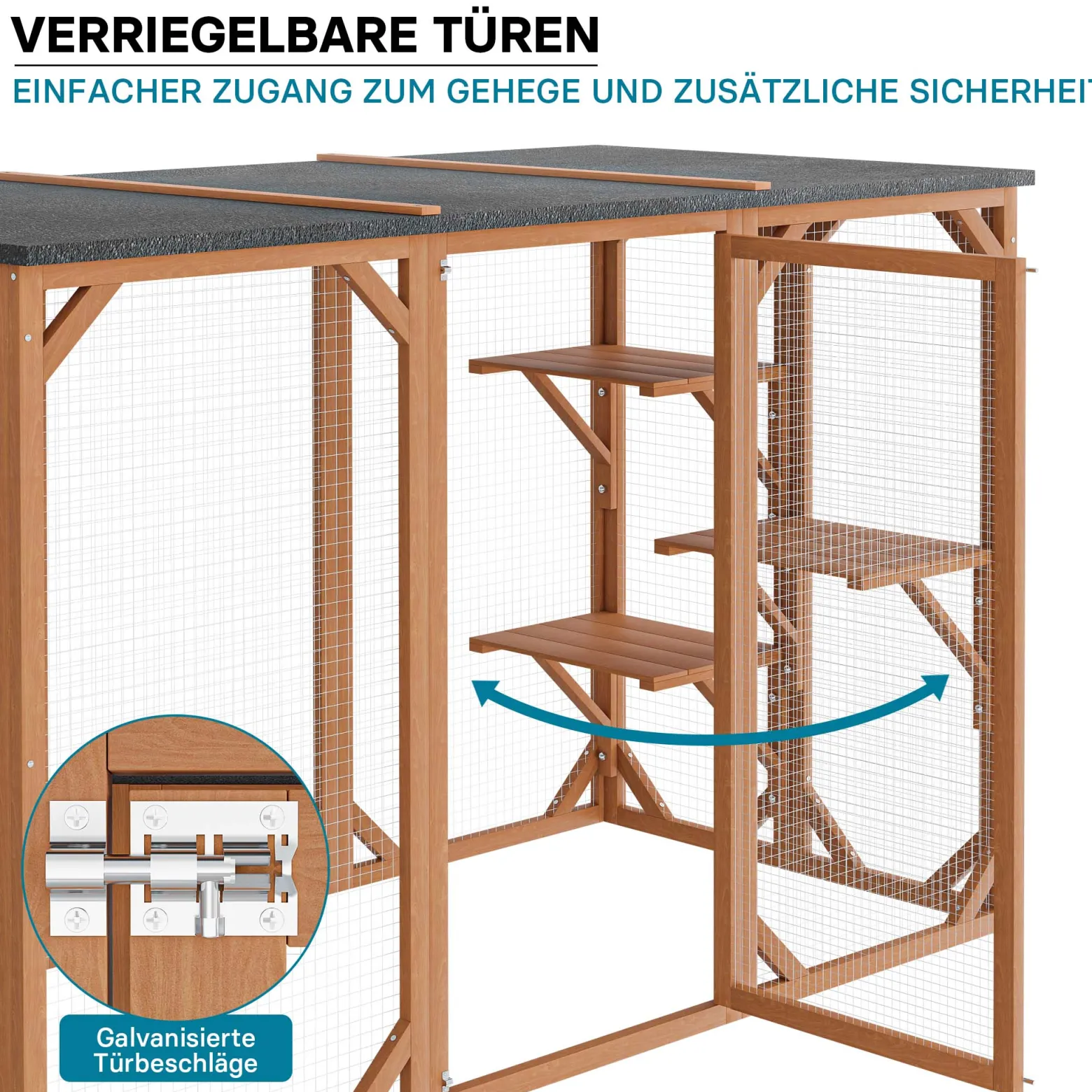 Wiltec Freilaufgehege Katzen 180 x 80 x 111,8 cm mit 3 Liegeflächen, wetterfestes Katzengehege Garten, Katzenhaus mit Drahtgitter und Bitumen Dach