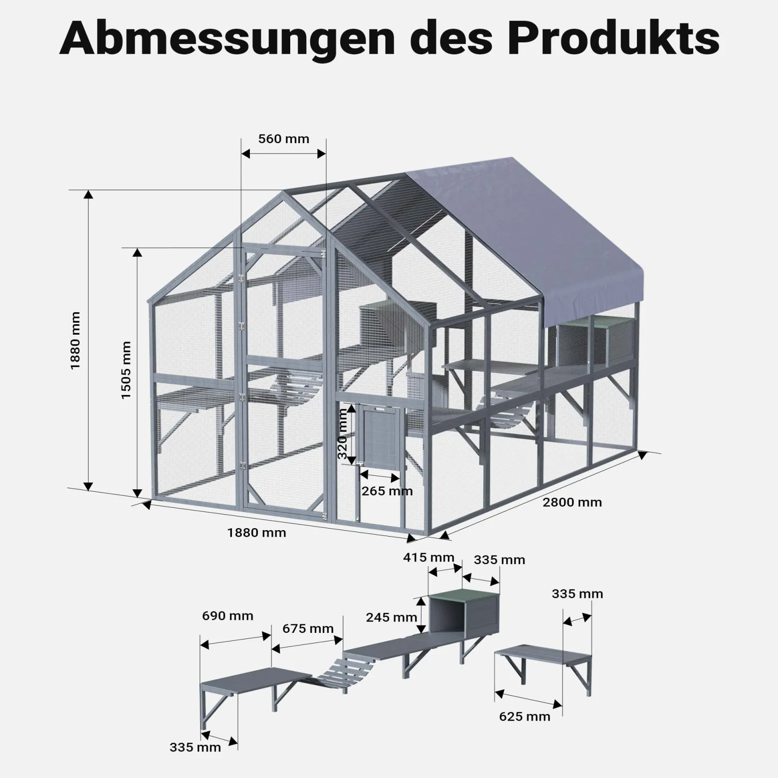 Wiltec Freilaufgehege Katzen 280 x 188 x 188 cm, Katzenfreigehege Holz, Außengehege verschiedene Ebenen, Katzengehege für Garten, Balkon