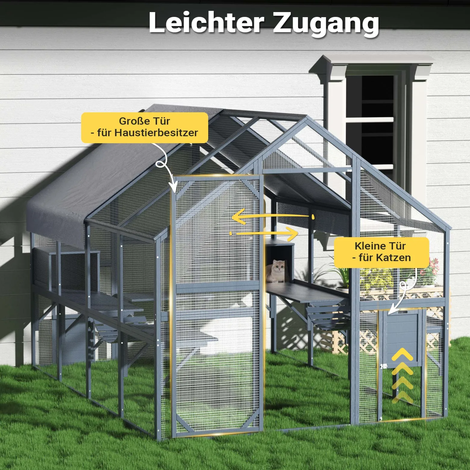 Wiltec Freilaufgehege Katzen 280 x 188 x 188 cm, Katzenfreigehege Holz, Außengehege verschiedene Ebenen, Katzengehege für Garten, Balkon