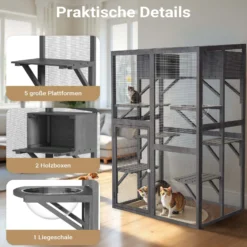 Wiltec Freilaufgehege Katzen 116 x 82 x 175,7 cm, Katzenfreigehege Holz mit PVC-Beschichtung, Außengehege 5 Ebenen, Katzengehege für Garten, Balkon