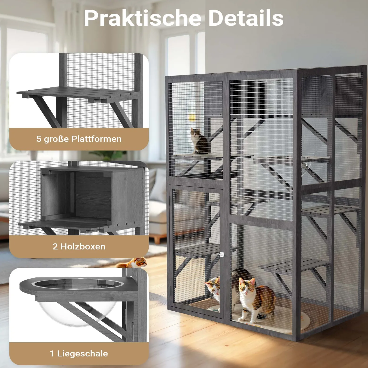 Wiltec Freilaufgehege Katzen 116 x 82 x 175,7 cm, Katzenfreigehege Holz mit PVC-Beschichtung, Außengehege 5 Ebenen, Katzengehege für Garten, Balkon