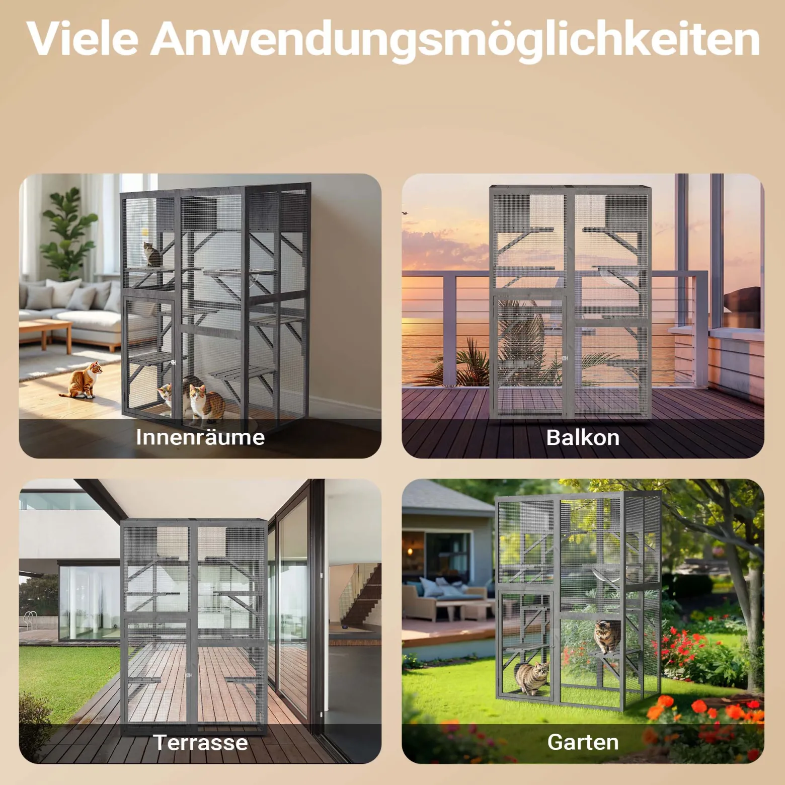 Wiltec Freilaufgehege Katzen 116 x 82 x 175,7 cm, Katzenfreigehege Holz mit PVC-Beschichtung, Außengehege 5 Ebenen, Katzengehege für Garten, Balkon