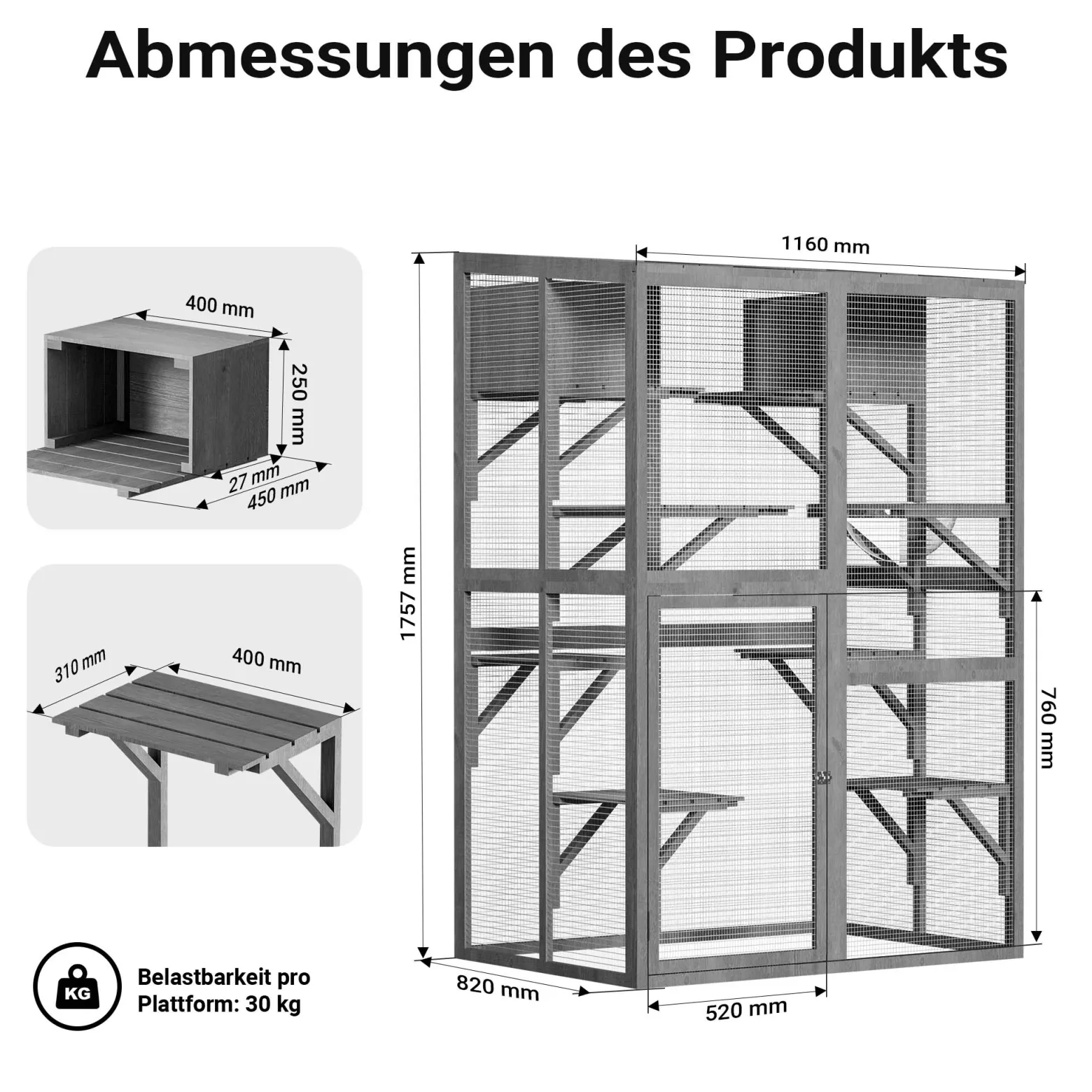 Wiltec Freilaufgehege Katzen 116 x 82 x 175,7 cm, Katzenfreigehege Holz mit PVC-Beschichtung, Außengehege 5 Ebenen, Katzengehege für Garten, Balkon