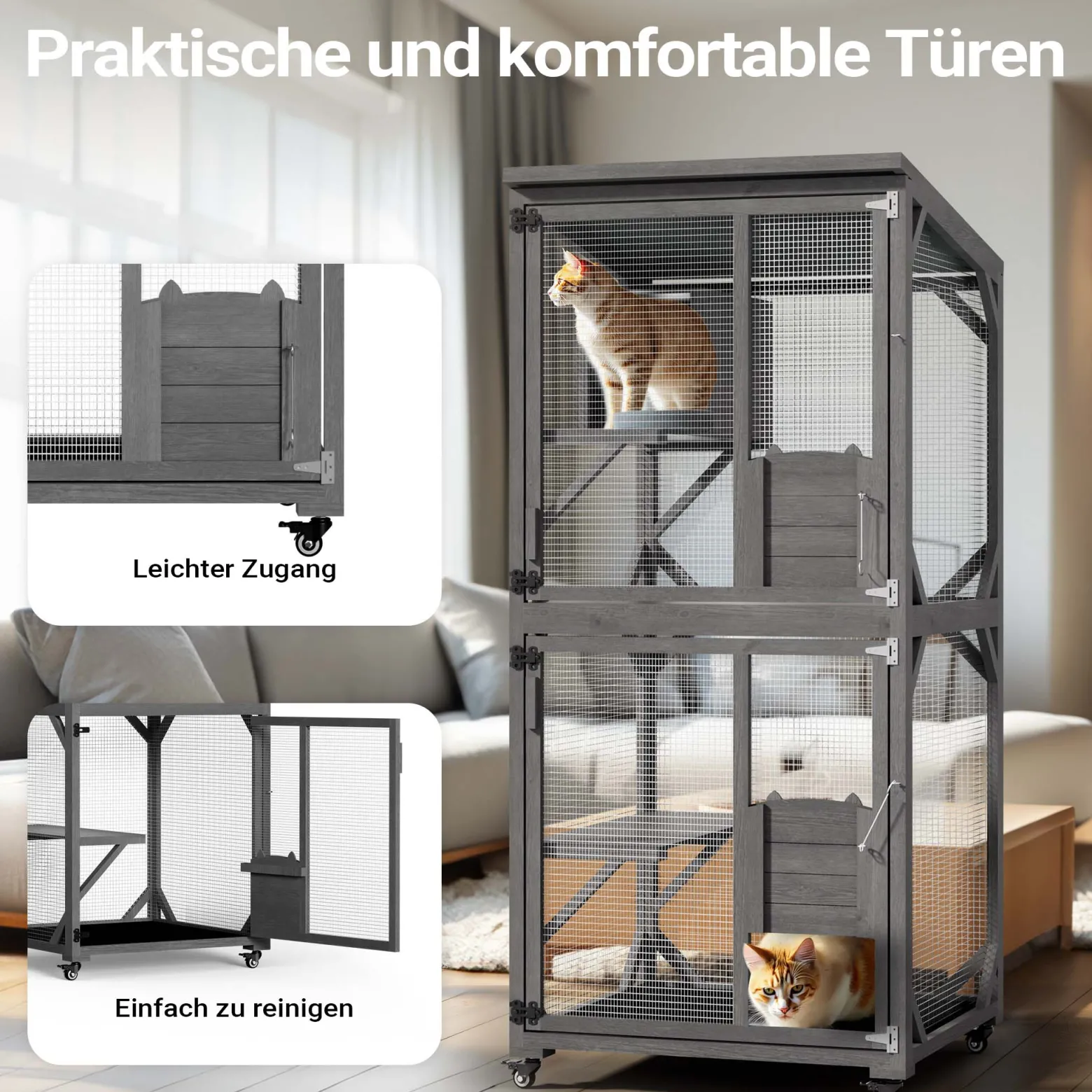 Wiltec Freilaufgehege Katzen 74 x 78 x 180 cm, Katzenfreigehege Tannenholz, Außengehege mehrere Ebenen und Rollen, Katzengehege für Garten, Balkon