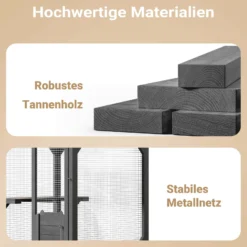 Wiltec Freilaufgehege Katzen 74 x 78 x 180 cm, Katzenfreigehege Tannenholz, Außengehege mehrere Ebenen und Rollen, Katzengehege für Garten, Balkon