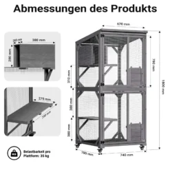 Wiltec Freilaufgehege Katzen 74 x 78 x 180 cm, Katzenfreigehege Tannenholz, Außengehege mehrere Ebenen und Rollen, Katzengehege für Garten, Balkon