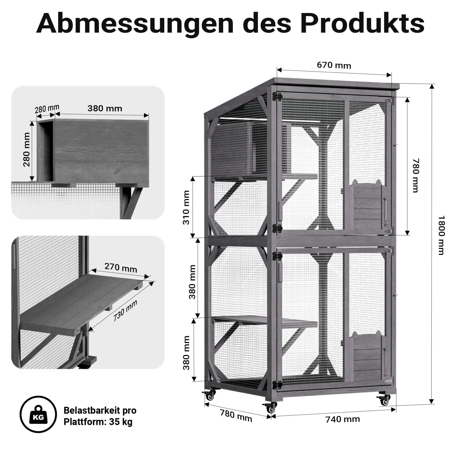 Wiltec Freilaufgehege Katzen 74 x 78 x 180 cm, Katzenfreigehege Tannenholz, Außengehege mehrere Ebenen und Rollen, Katzengehege für Garten, Balkon