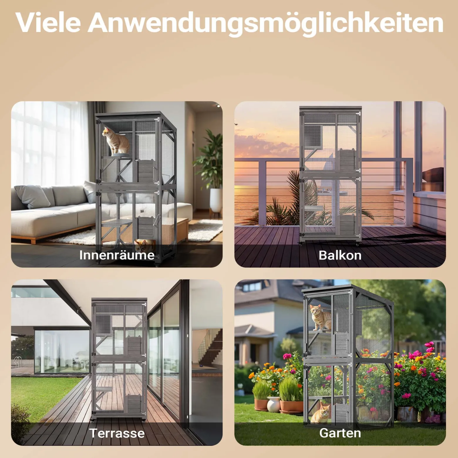 Wiltec Freilaufgehege Katzen 74 x 78 x 180 cm, Katzenfreigehege Tannenholz, Außengehege mehrere Ebenen und Rollen, Katzengehege für Garten, Balkon