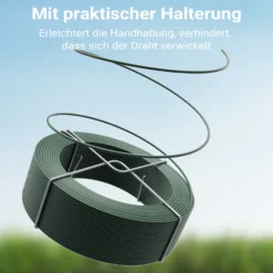 Wiltec Gartendraht grün Ø 1,6 mm x 50 m, Bindedraht Stahl verzinkt mit PVC-Beschichtung, Pflanzendraht mit Drahthalterung, flexibler Basteldraht