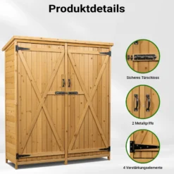 Wiltec Gartenhaus mit 2-flügelige Tür 1350x500x1540mm aus Fichtenholz mit Bitumendach für Garten, Terrasse & Balkon Gerätehaus Geräteschuppen Holzhaus Werkzeugschrank